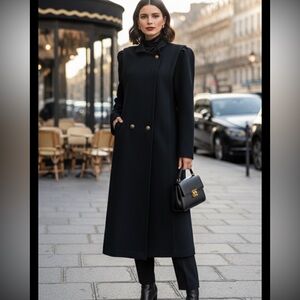 VTG 80s Michelle Francois Black Wool Long Double Breast Trench Coat Money Staple